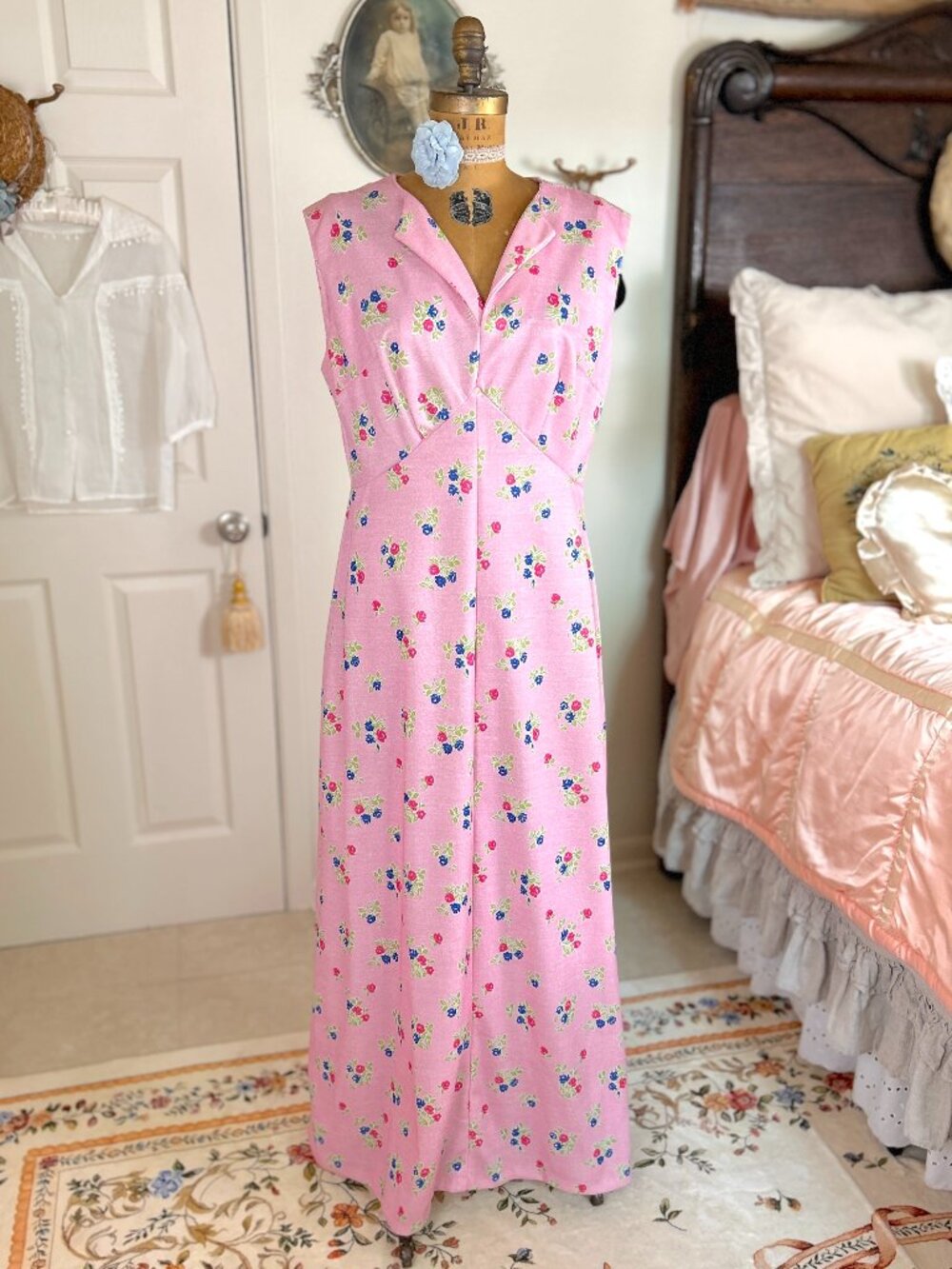 70s Pink Ditsy Floral Maxi Dress, Vintage Collar Sleeveless, Retro Prairie